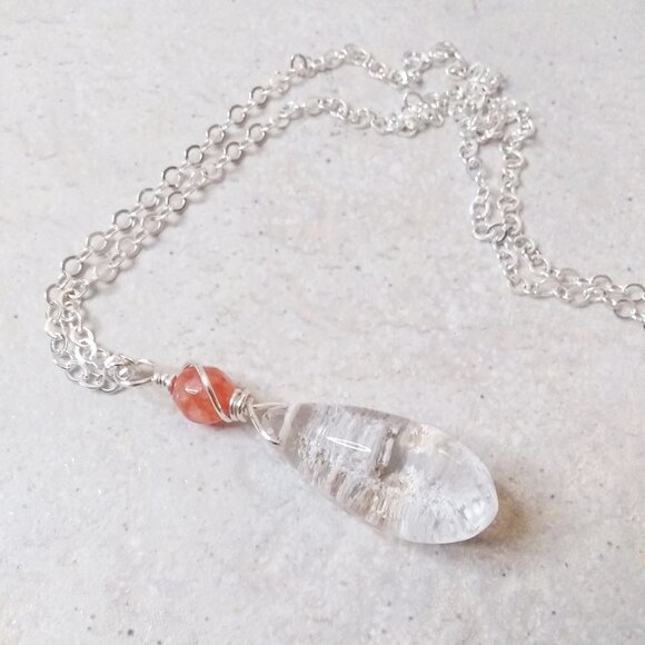 Clear Quartz w. Natural Rock Inclusions + Orange Agate Top Bead! Chain Included - Picture 1 of 8